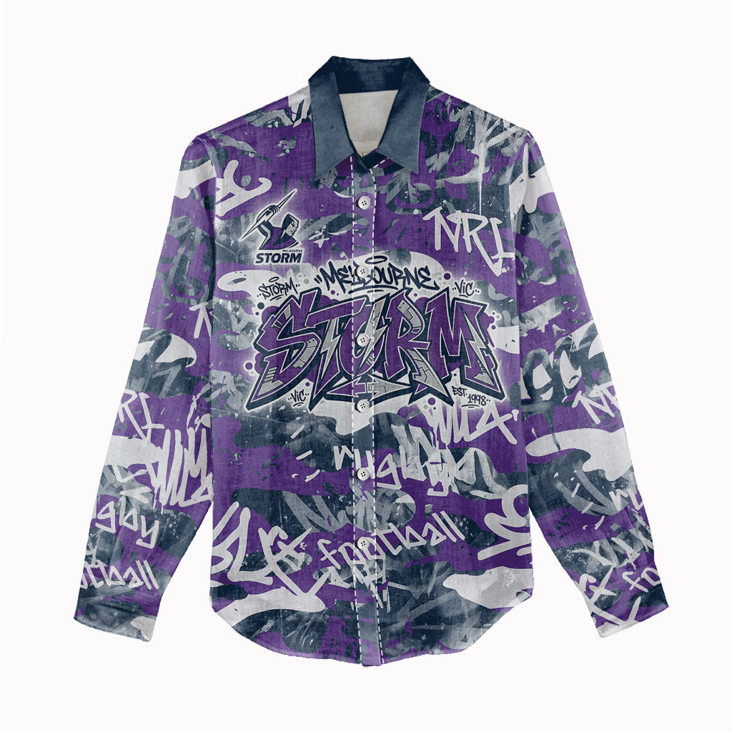 Melbourne Storm Rugby Women Casual Shirt Graffiti Typography Urban Camo Abstract Street Style