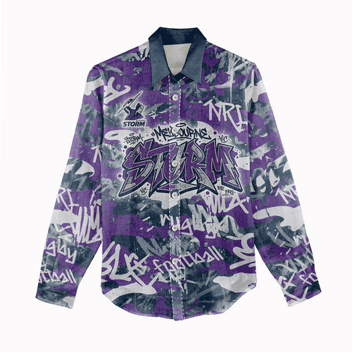 Melbourne Storm Rugby Women Casual Shirt Graffiti Typography Urban Camo Abstract Street Style