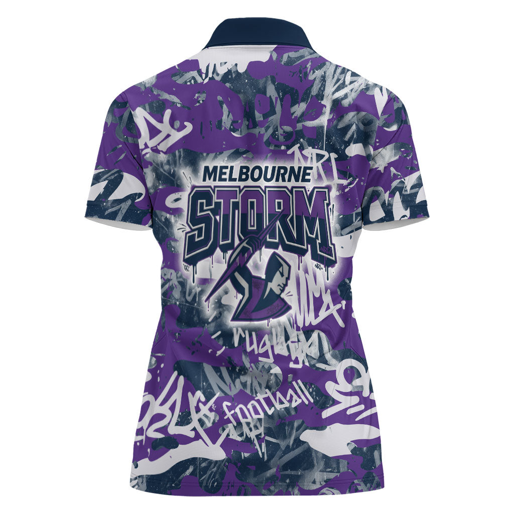 Melbourne Storm Rugby Women Polo Shirt Graffiti Typography Urban Camo Abstract Street Style