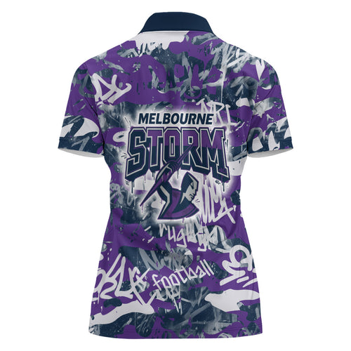 Melbourne Storm Rugby Women Polo Shirt Graffiti Typography Urban Camo Abstract Street Style