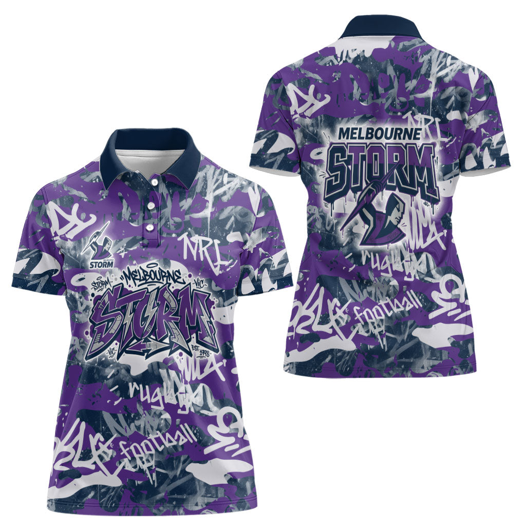 Melbourne Storm Rugby Women Polo Shirt Graffiti Typography Urban Camo Abstract Street Style