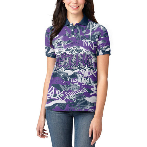 Melbourne Storm Rugby Women Polo Shirt Graffiti Typography Urban Camo Abstract Street Style