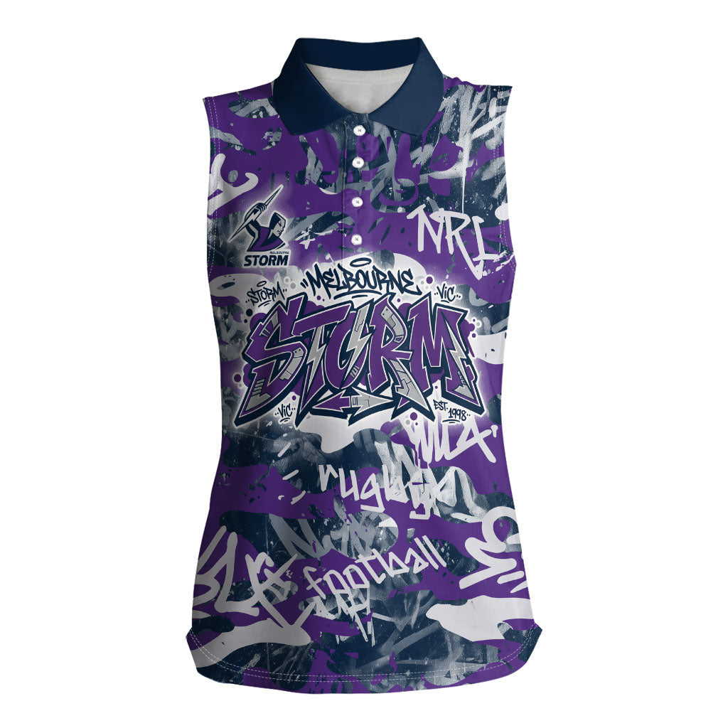 Melbourne Storm Rugby Women Sleeveless Polo Shirt Graffiti Typography Urban Camo Abstract Street Style