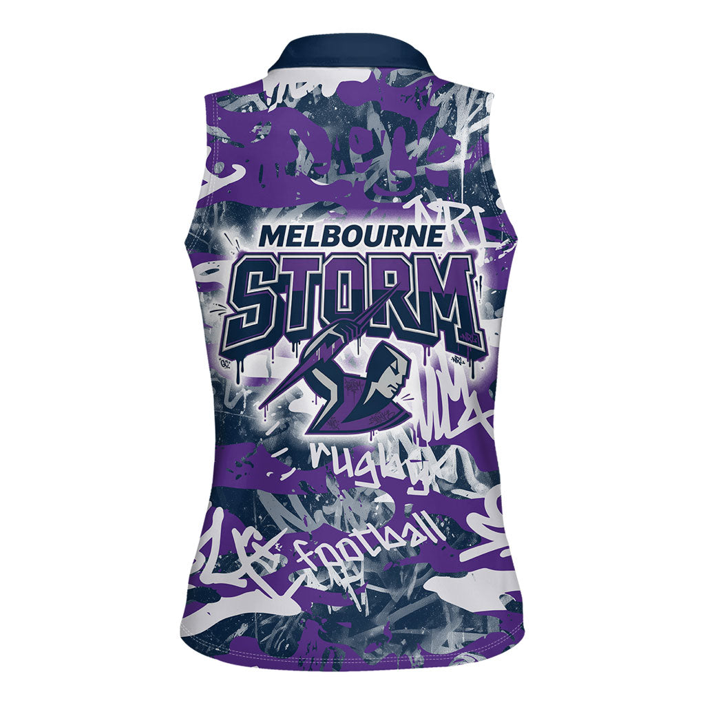 Melbourne Storm Rugby Women Sleeveless Polo Shirt Graffiti Typography Urban Camo Abstract Street Style