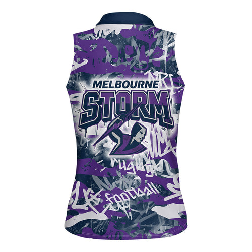 Melbourne Storm Rugby Women Sleeveless Polo Shirt Graffiti Typography Urban Camo Abstract Street Style