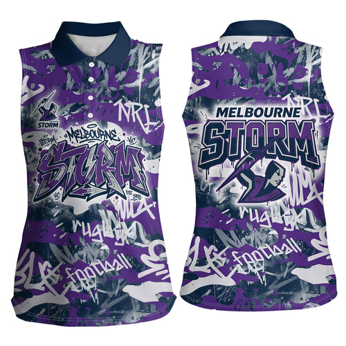 Melbourne Storm Rugby Women Sleeveless Polo Shirt Graffiti Typography Urban Camo Abstract Street Style