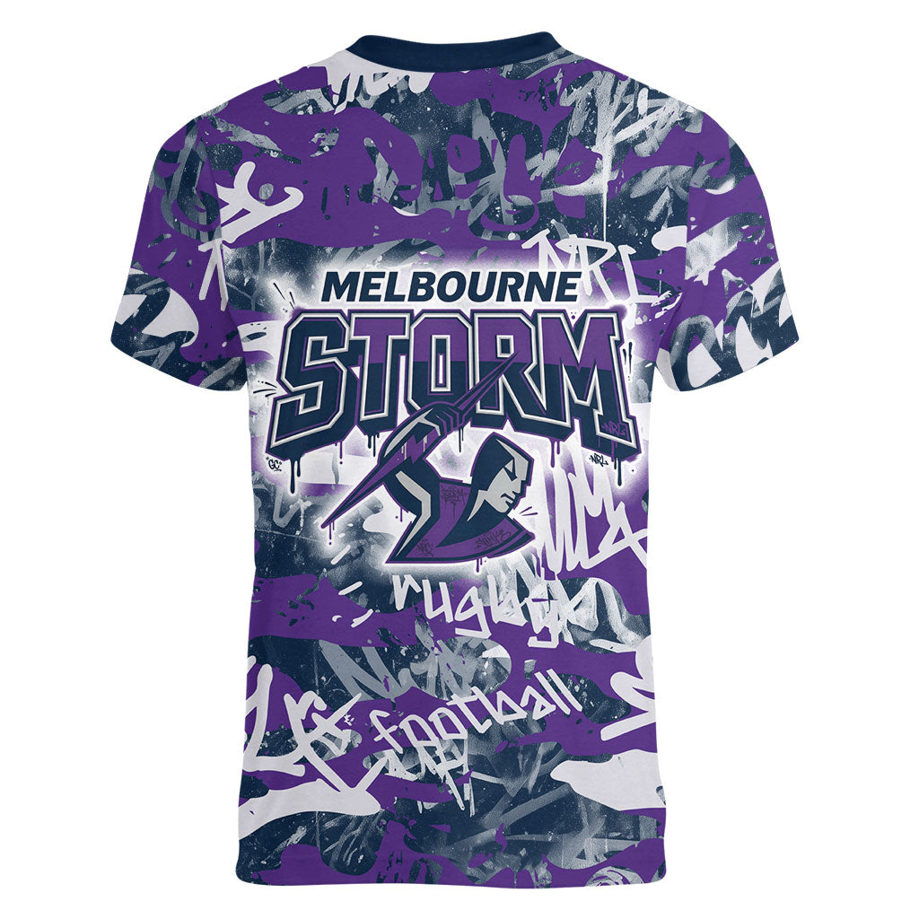 Melbourne Storm Rugby Women V-Neck T-Shirt Graffiti Typography Urban Camo Abstract Street Style