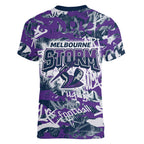 Melbourne Storm Rugby Women V-Neck T-Shirt Graffiti Typography Urban Camo Abstract Street Style