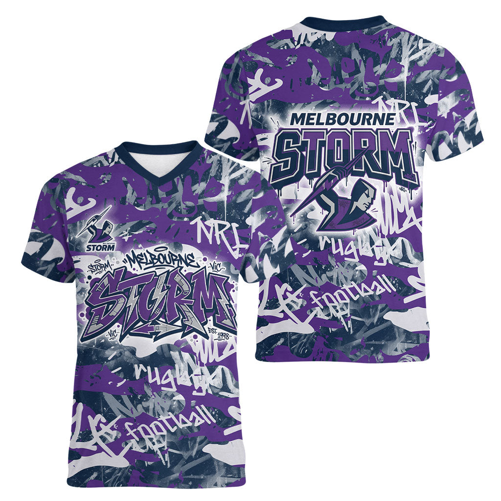 Melbourne Storm Rugby Women V-Neck T-Shirt Graffiti Typography Urban Camo Abstract Street Style