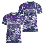 Melbourne Storm Rugby Women V-Neck T-Shirt Graffiti Typography Urban Camo Abstract Street Style