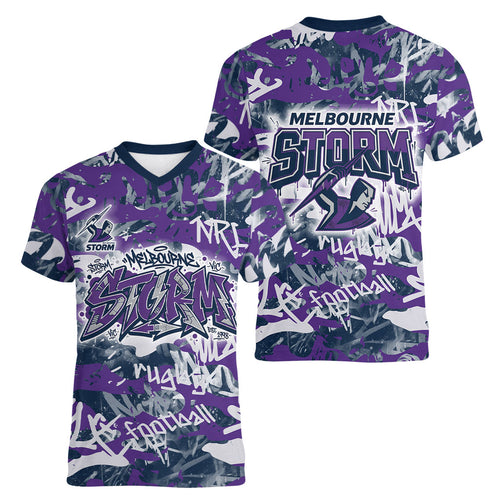 Melbourne Storm Rugby Women V-Neck T-Shirt Graffiti Typography Urban Camo Abstract Street Style