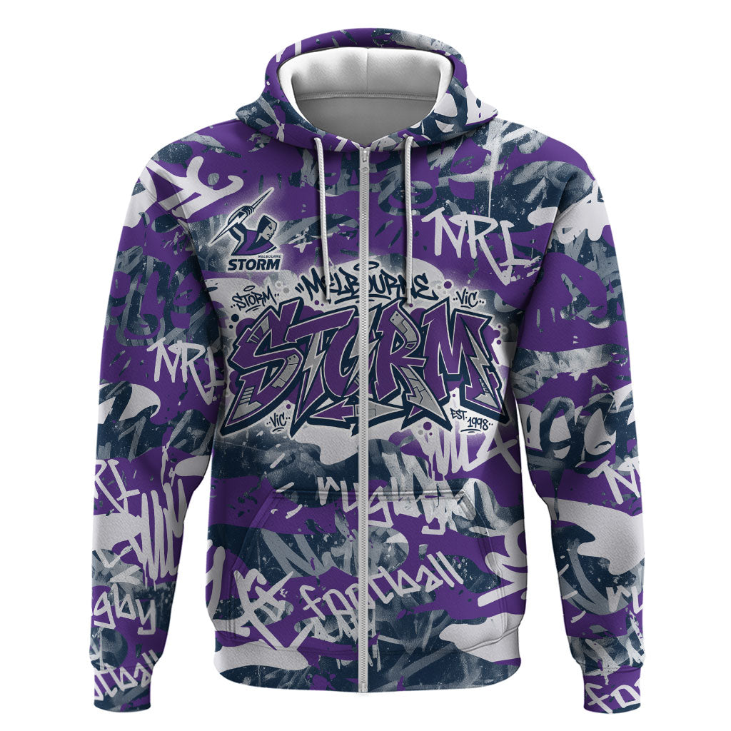 Melbourne Storm Rugby Zip Hoodie Graffiti Typography Urban Camo Abstract Street Style