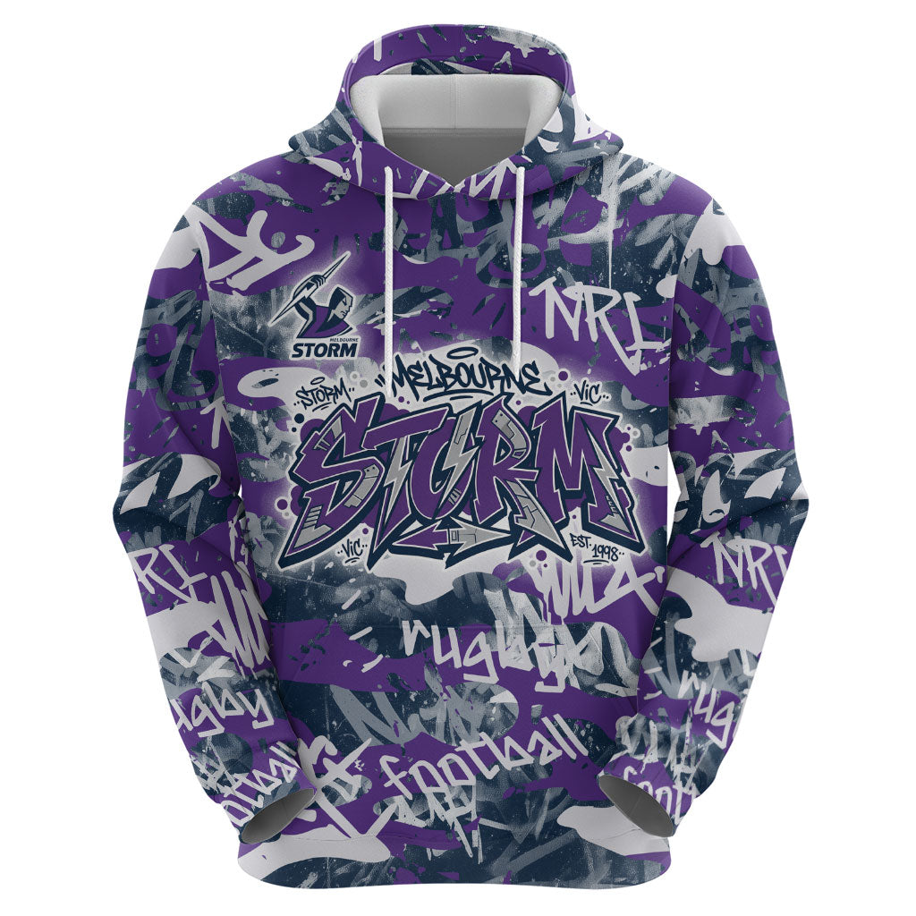 Melbourne Storm Rugby Zip Hoodie Graffiti Typography Urban Camo Abstract Street Style
