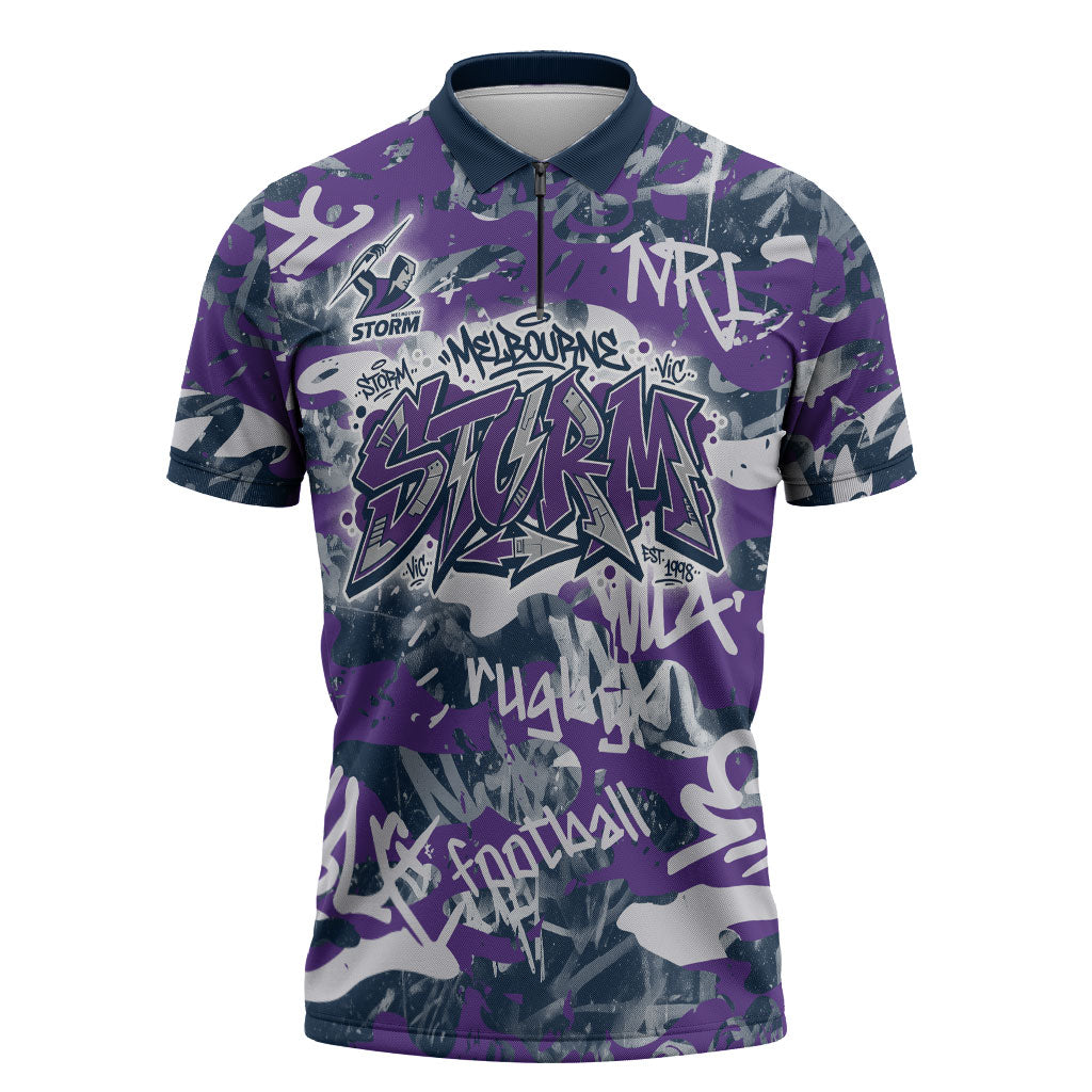 Melbourne Storm Rugby Zipper Polo Shirt Graffiti Typography Urban Camo Abstract Street Style