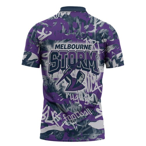 Melbourne Storm Rugby Zipper Polo Shirt Graffiti Typography Urban Camo Abstract Street Style