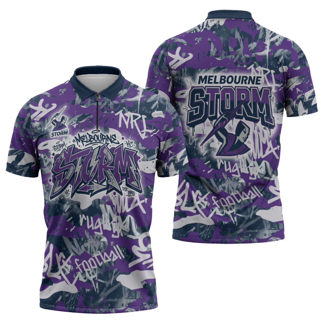 Melbourne Storm Rugby Zipper Polo Shirt Graffiti Typography Urban Camo Abstract Street Style