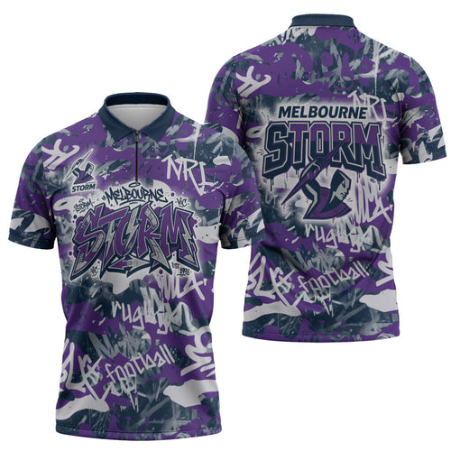 Melbourne Storm Rugby Zipper Polo Shirt Graffiti Typography Urban Camo Abstract Street Style