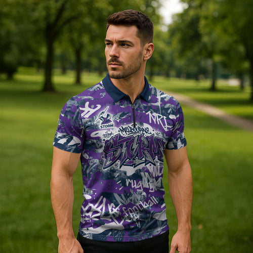Melbourne Storm Rugby Zipper Polo Shirt Graffiti Typography Urban Camo Abstract Street Style