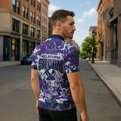 Melbourne Storm Rugby Zipper Polo Shirt Graffiti Typography Urban Camo Abstract Street Style