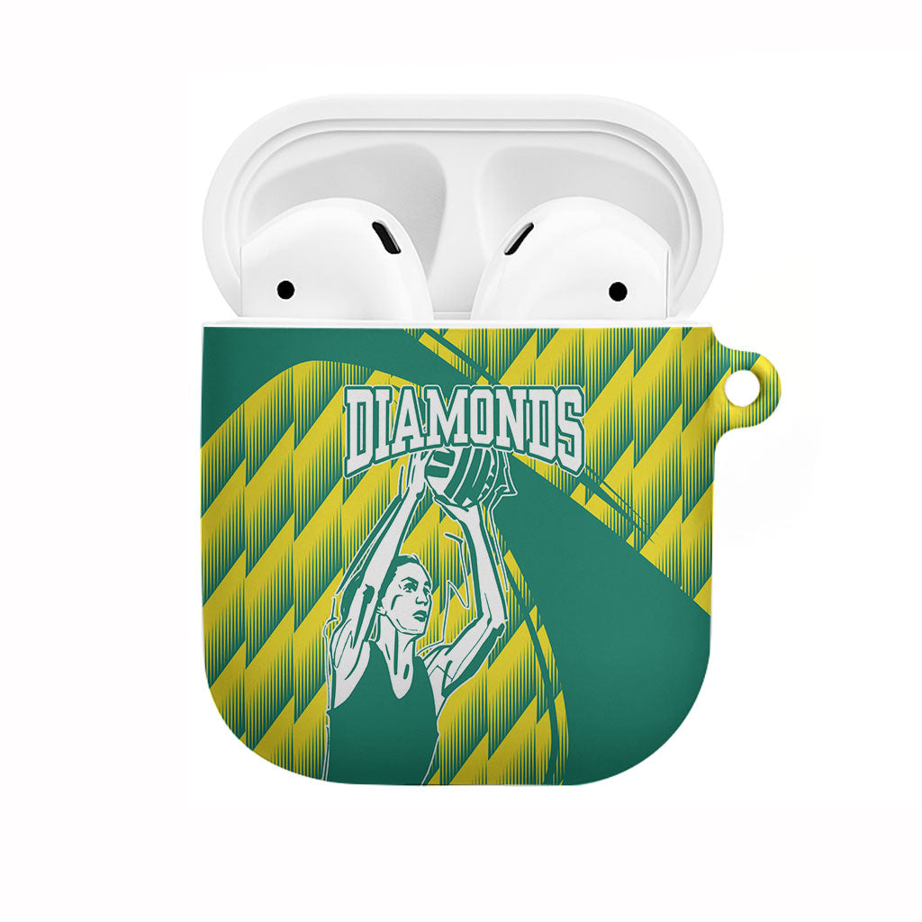 Australian Diamonds Netball AirPods Case Bold Geometric Zigzag Pattern With Athletic Player Graphics