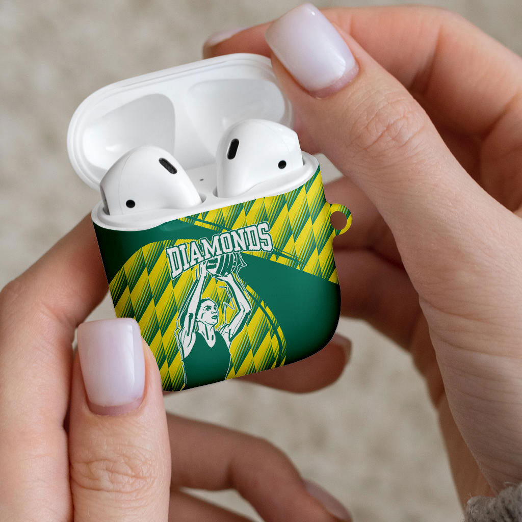 Australian Diamonds Netball AirPods Case Bold Geometric Zigzag Pattern With Athletic Player Graphics