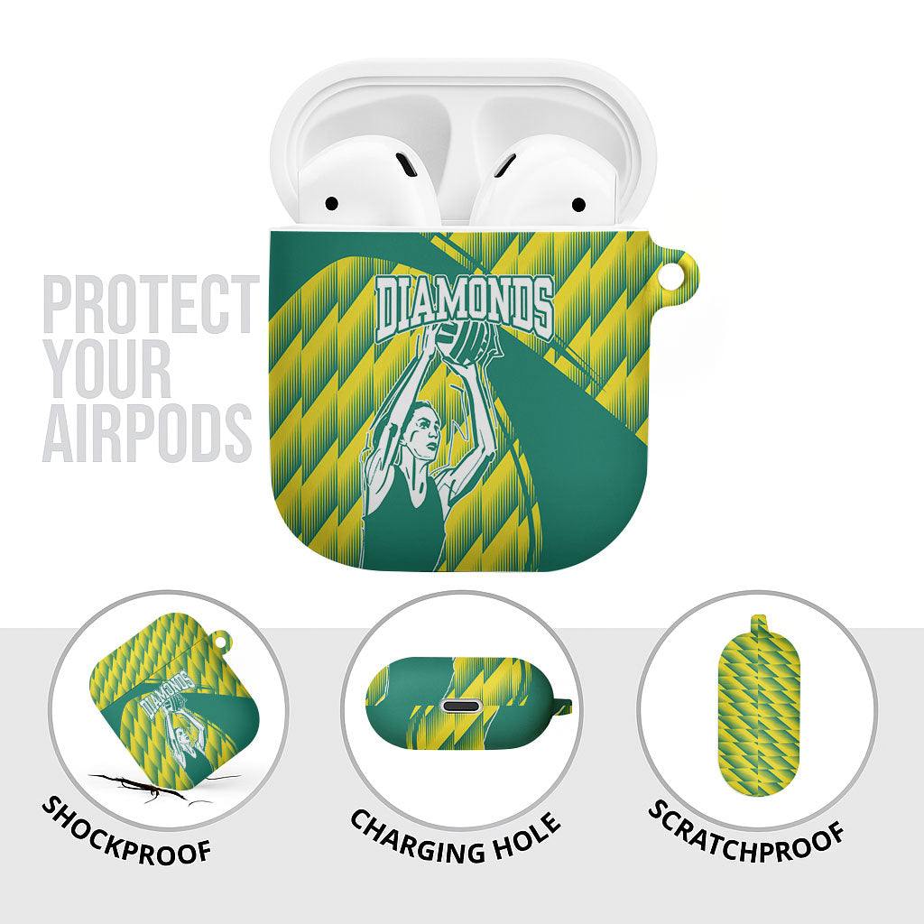 Australian Diamonds Netball AirPods Case Bold Geometric Zigzag Pattern With Athletic Player Graphics