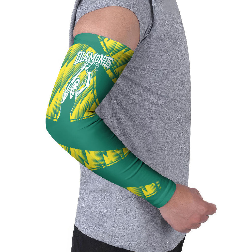 Australian Diamonds Netball Arm Sleeves Bold Geometric Zigzag Pattern With Athletic Player Graphics