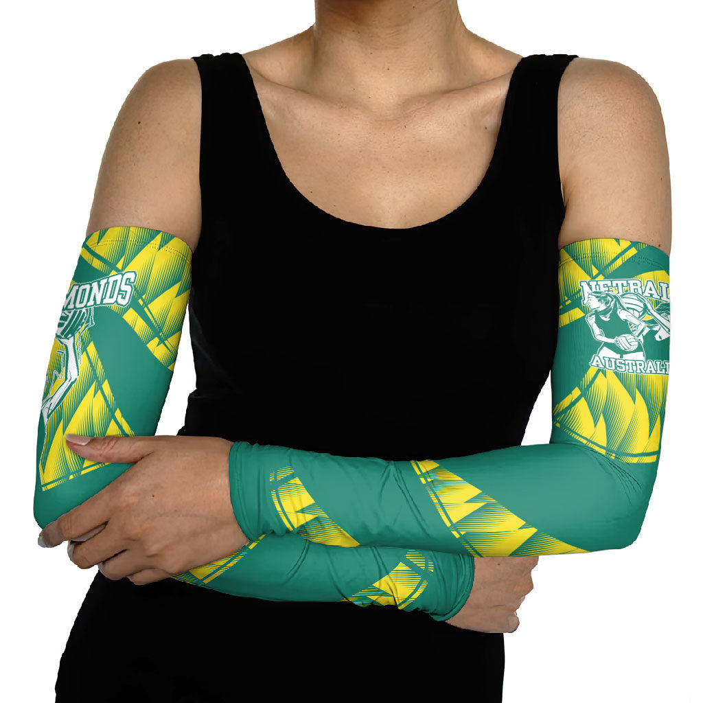 Australian Diamonds Netball Arm Sleeves Bold Geometric Zigzag Pattern With Athletic Player Graphics