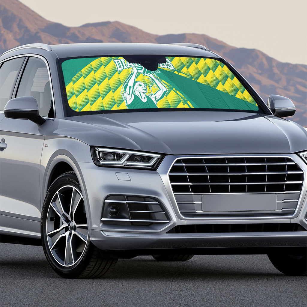 Australian Diamonds Netball Auto Sun Shade Bold Geometric Zigzag Pattern With Athletic Player Graphics