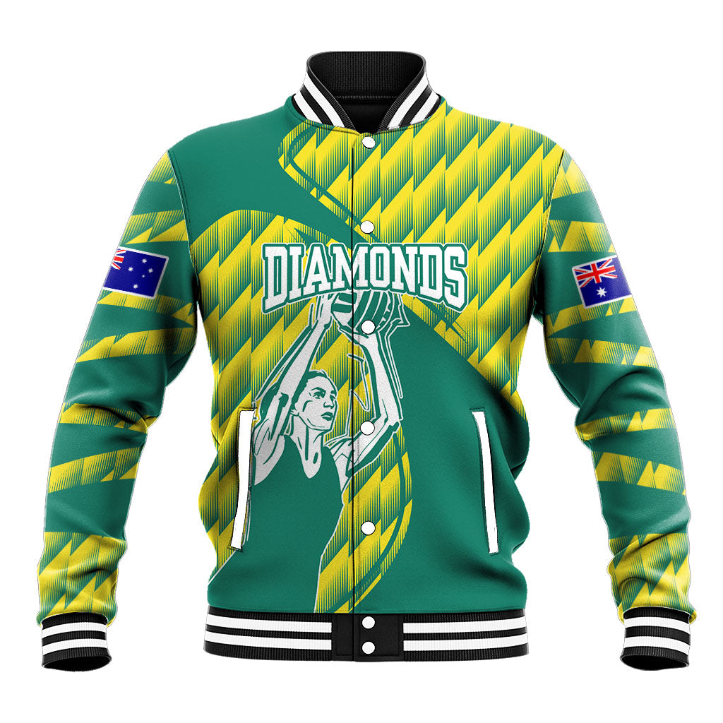 Australian Diamonds Netball Baseball Jacket Bold Geometric Zigzag Pattern With Athletic Player Graphics