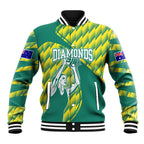 Australian Diamonds Netball Baseball Jacket Bold Geometric Zigzag Pattern With Athletic Player Graphics