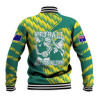 Australian Diamonds Netball Baseball Jacket Bold Geometric Zigzag Pattern With Athletic Player Graphics