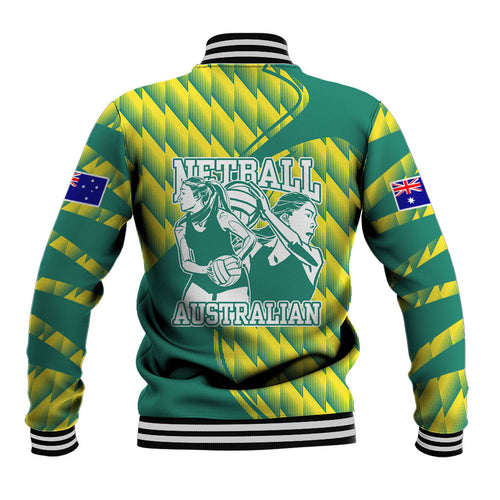 Australian Diamonds Netball Baseball Jacket Bold Geometric Zigzag Pattern With Athletic Player Graphics