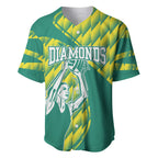 Australian Diamonds Netball Baseball Jersey Bold Geometric Zigzag Pattern With Athletic Player Graphics