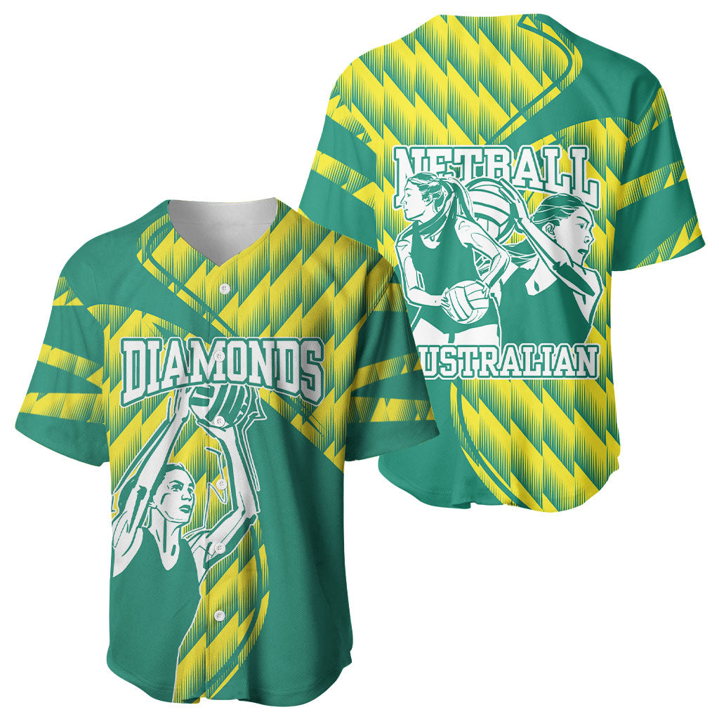 Australian Diamonds Netball Baseball Jersey Bold Geometric Zigzag Pattern With Athletic Player Graphics