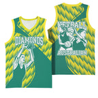 Australian Diamonds Netball Basketball Jersey Bold Geometric Zigzag Pattern With Athletic Player Graphics