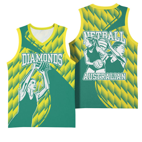 Australian Diamonds Netball Basketball Jersey Bold Geometric Zigzag Pattern With Athletic Player Graphics