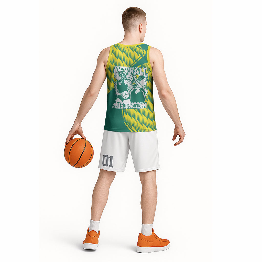 Australian Diamonds Netball Basketball Jersey Bold Geometric Zigzag Pattern With Athletic Player Graphics