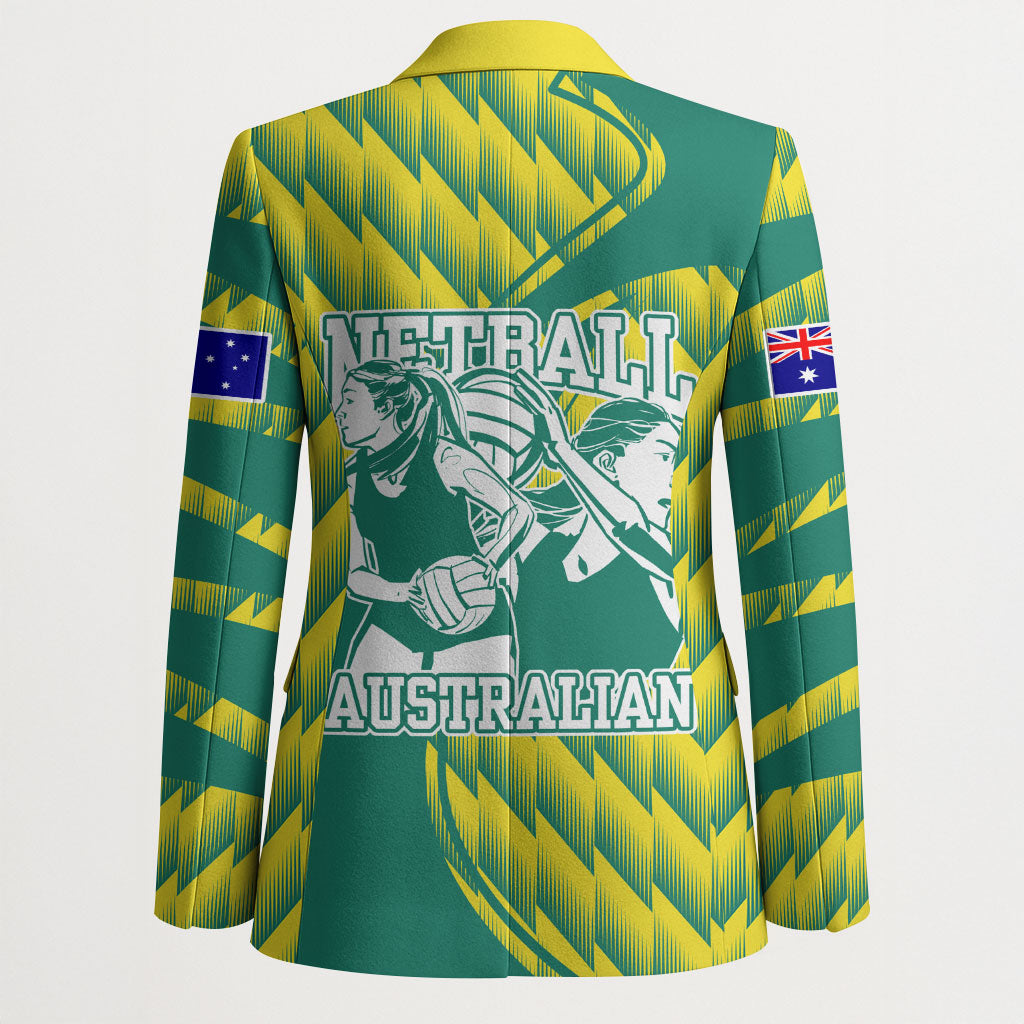 Australian Diamonds Netball Blazer Bold Geometric Zigzag Pattern With Athletic Player Graphics