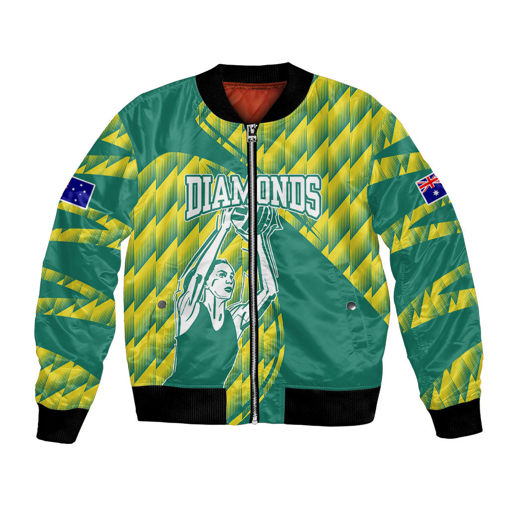 Australian Diamonds Netball Bomber Jacket Bold Geometric Zigzag Pattern With Athletic Player Graphics