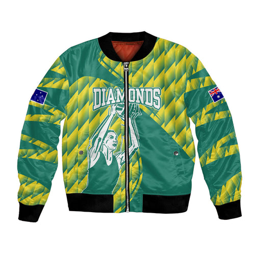 Australian Diamonds Netball Bomber Jacket Bold Geometric Zigzag Pattern With Athletic Player Graphics