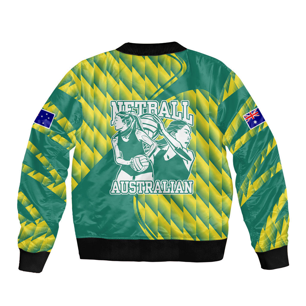 Australian Diamonds Netball Bomber Jacket Bold Geometric Zigzag Pattern With Athletic Player Graphics