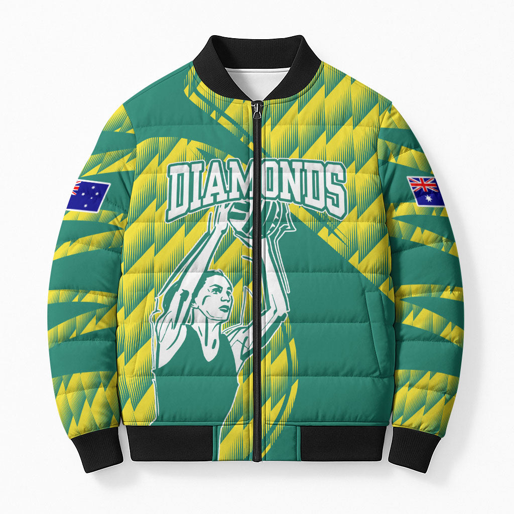 Australian Diamonds Netball Bomber Puffer Jacket Bold Geometric Zigzag Pattern With Athletic Player Graphics