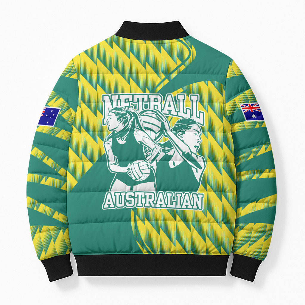 Australian Diamonds Netball Bomber Puffer Jacket Bold Geometric Zigzag Pattern With Athletic Player Graphics