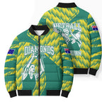 Australian Diamonds Netball Bomber Puffer Jacket Bold Geometric Zigzag Pattern With Athletic Player Graphics