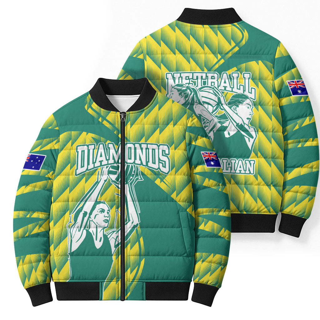 Australian Diamonds Netball Bomber Puffer Jacket Bold Geometric Zigzag Pattern With Athletic Player Graphics