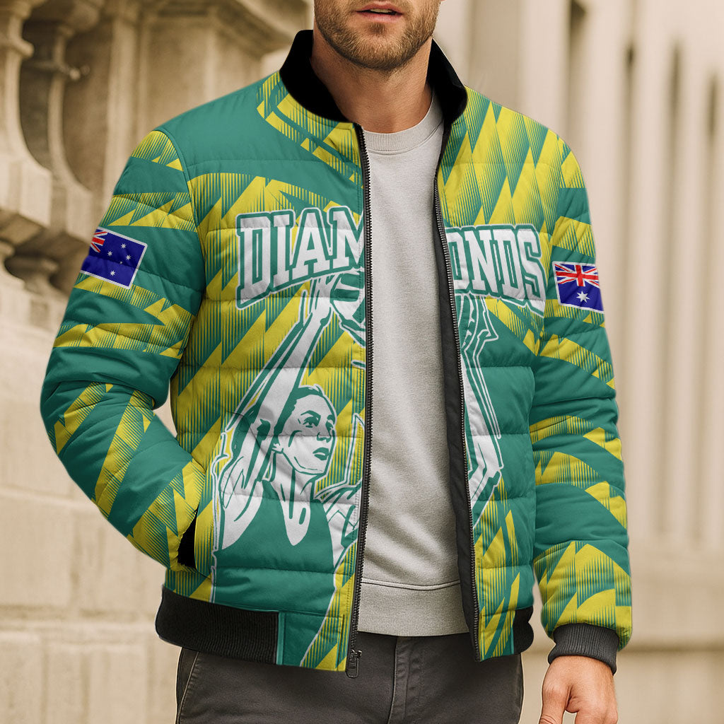 Australian Diamonds Netball Bomber Puffer Jacket Bold Geometric Zigzag Pattern With Athletic Player Graphics