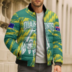Australian Diamonds Netball Bomber Puffer Jacket Bold Geometric Zigzag Pattern With Athletic Player Graphics