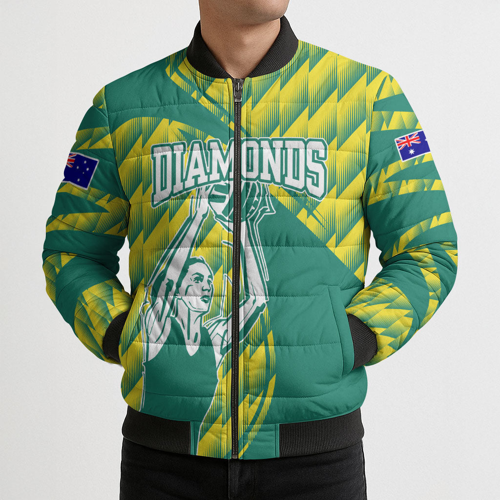 Australian Diamonds Netball Bomber Puffer Jacket Bold Geometric Zigzag Pattern With Athletic Player Graphics