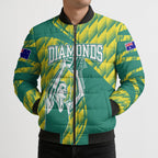 Australian Diamonds Netball Bomber Puffer Jacket Bold Geometric Zigzag Pattern With Athletic Player Graphics